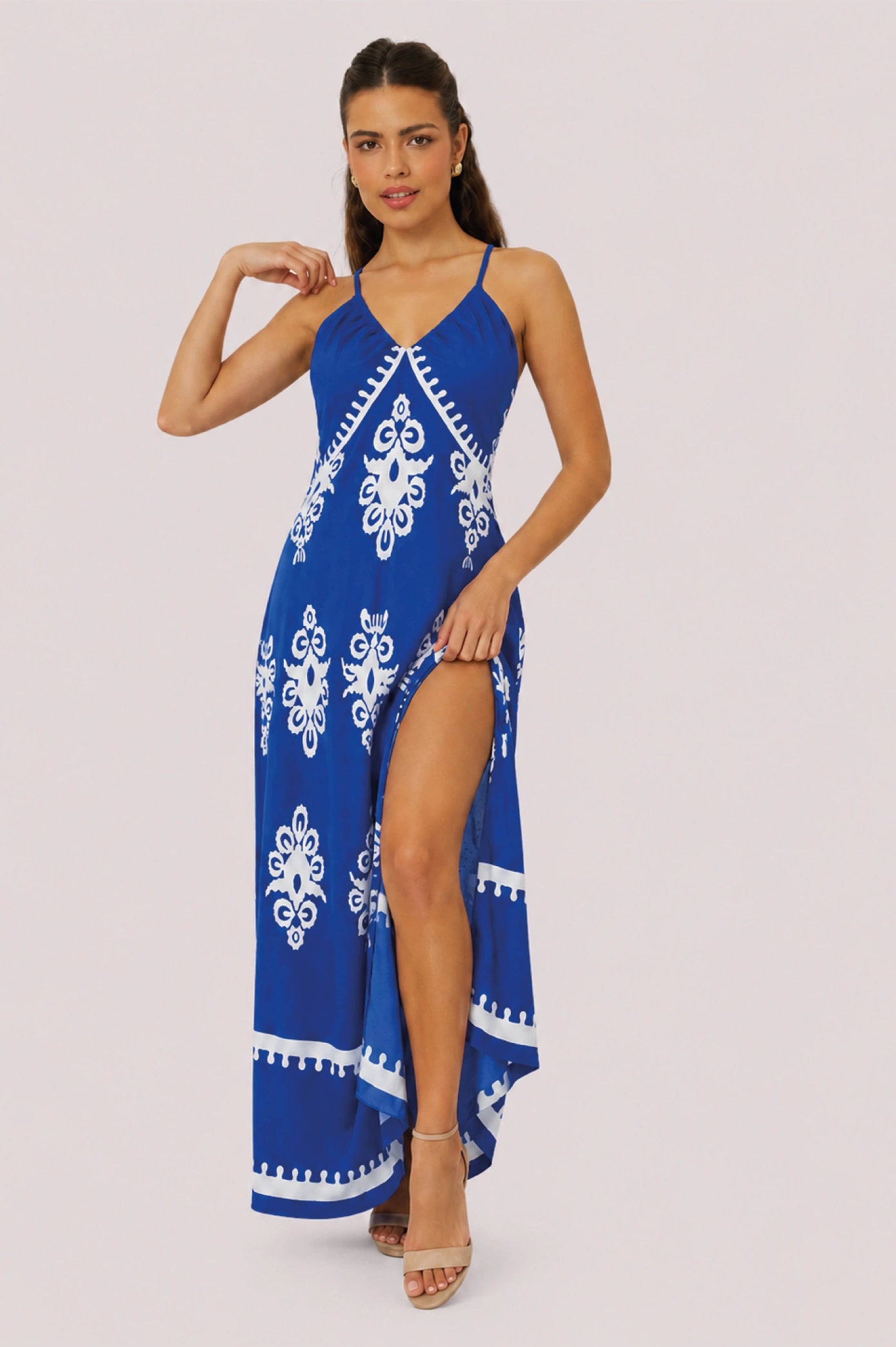 Blue Embroidered Halter Maxi